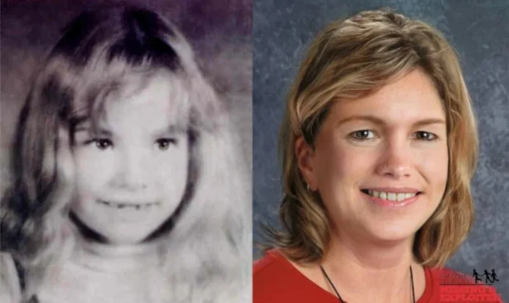Amy Fandel at 8 (left) and age-progressed image