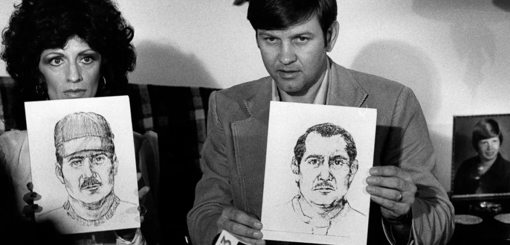 Noreen and John Gosch hold sketches of the abduction suspect