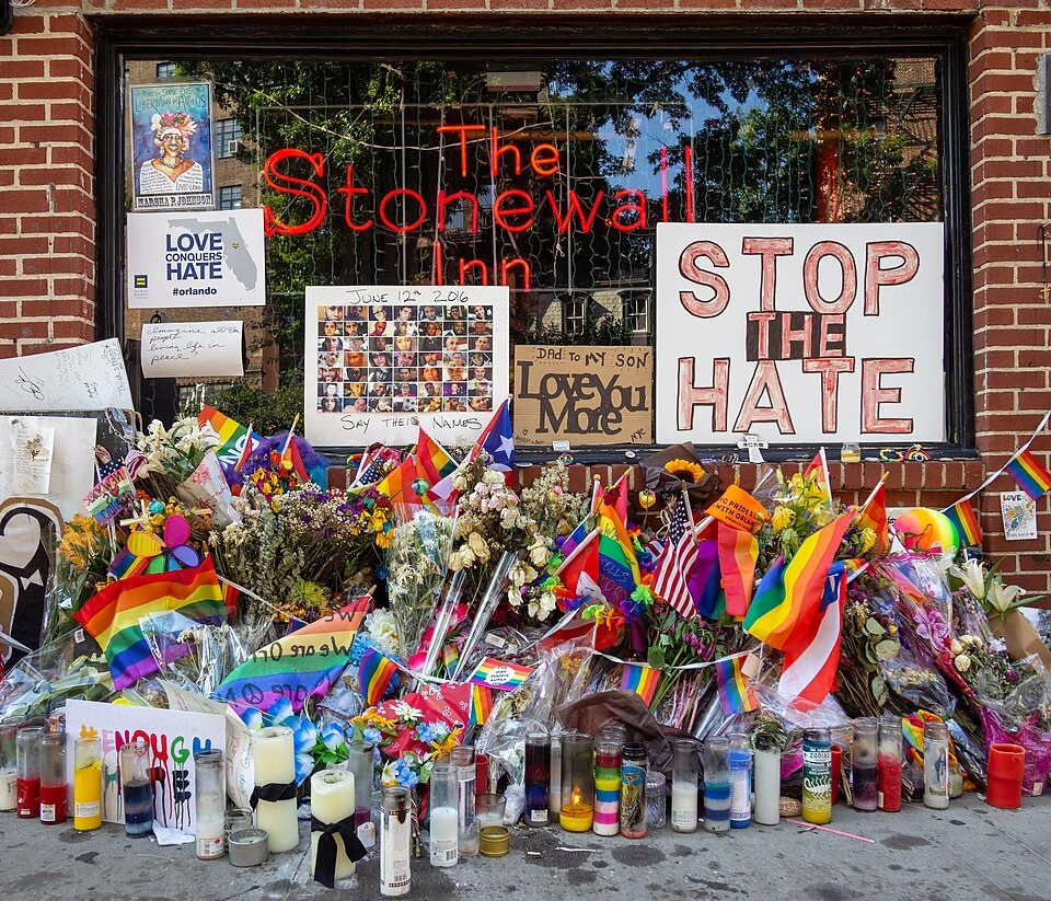 A memorial to victims of the shooting in front the Stonewall Inn, just after it was designated a National Monument