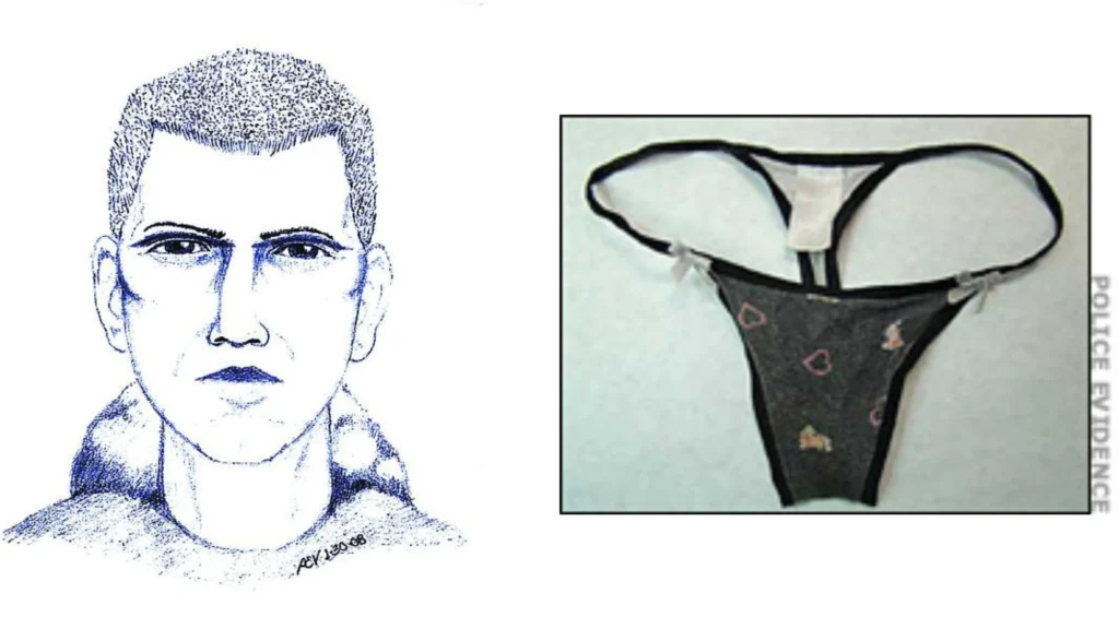 Police sketch of the suspect and thong underwear found with Brianna’s body