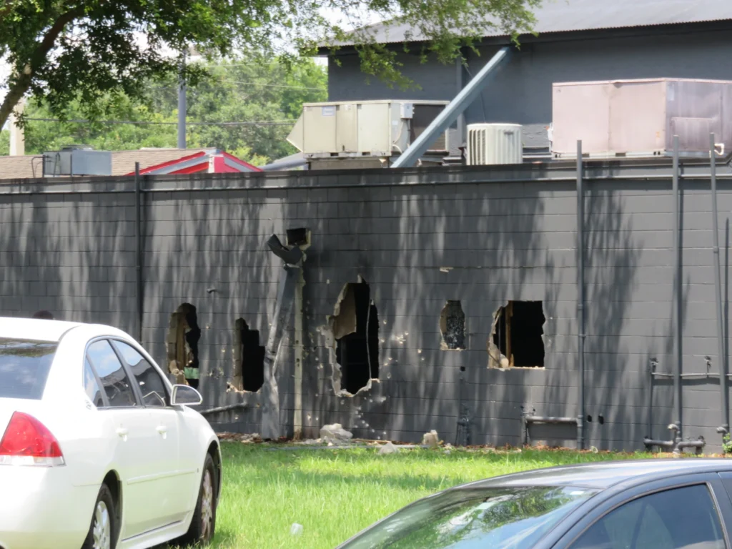 Pulse nightclub exterior, with holes made by the BearCat and bullet holes