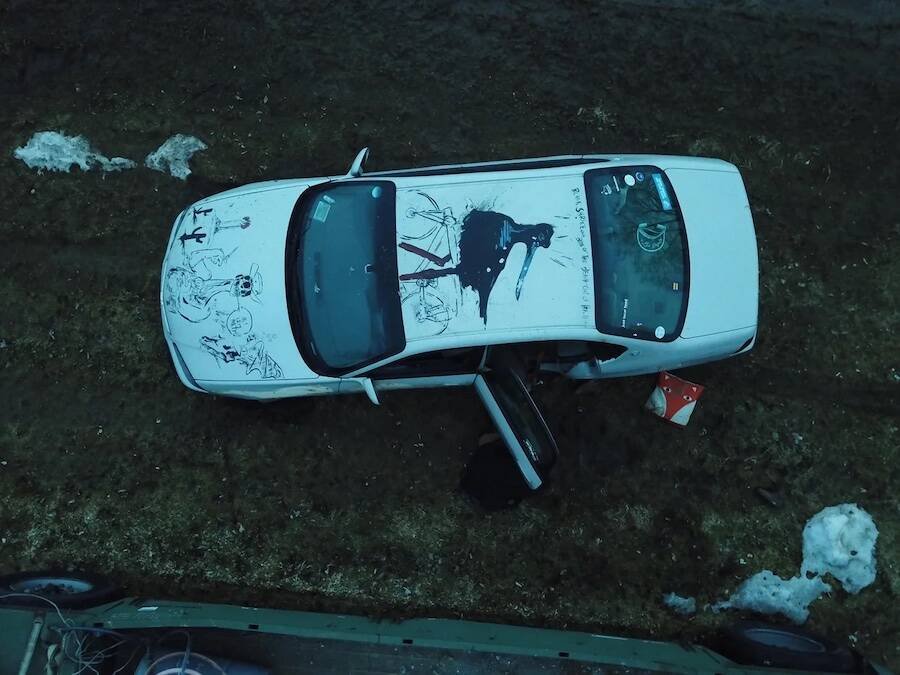 An aerial shot of Ezra McCandless’ car, where Alex Woodworth’s body was found.